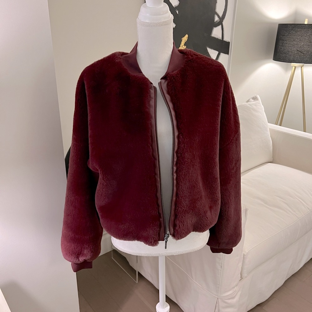 Nicole Miller Artelier Faux Fur Bomber Jacket - Wine